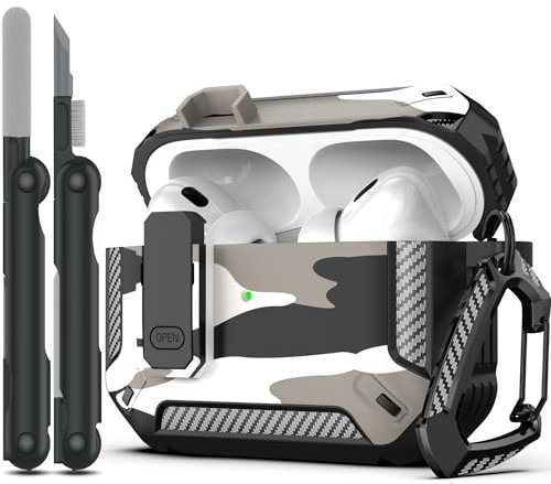 RFUNGUANGO Funda para AirPods Pro de 2ª generación(2023/2022/2019) con Kit de Limpieza, Armadura Protectora rígida Militar con Bloqueo para AirPod Gen 2,Camuflaje Nieve