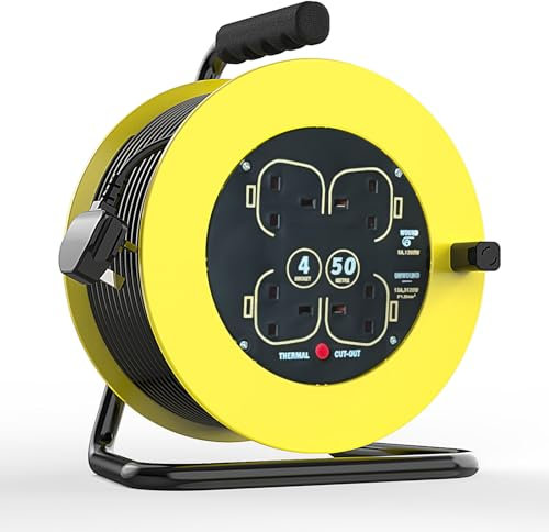 Four Socket Medium Cassette Cable Reel Extension Lead with Winding Handle, Thermal Cut Out and Power Switch, 50 Metres, High Visibility Cable, Yellow