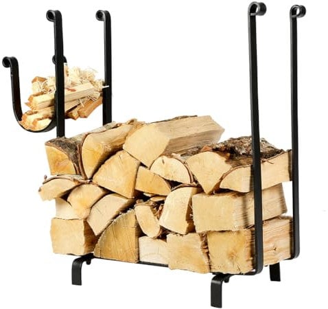 Dibor Contemporary Firewood Storage Log Holder Cradle Heavy Duty Matte Black Steel Kindling Fire Wood Log Burner Stove Storage Basket (Rectangular with Curve)