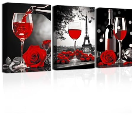 CXHOSTENT Weindekor Küche Leinwand Bild 3 Panel Schwarz Weiß und Rotwein mit Rose Wandkunst Eiffelturm Kunstdrucke Wanddekoration gerahmt (A, 40.00 x 60.00 cms x 3PCS)