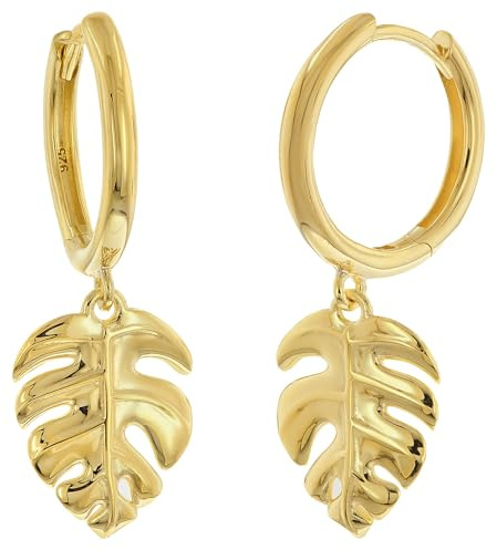 trendor Ohrringe mit Monsterablatt 925 Silber Vergoldet Klapp-Creolen 15934 | wunderschöner Ohrschmuck für Damen, traumhafters Accessoire für modische Frauen,