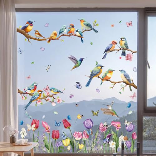 Hianjoo Pegatinas de Ventana de Primavera, 9 Hojas 76 PCS Aferra Pegatinas para Ventana Tulipanes con Rama de Pájaro Mariposa Doble Cara Reutilizables Decoraciones para Habitación y Oficina