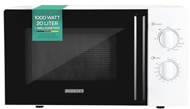 HEINRICHS Mikrowelle, kompakte Mikrowelle, 20L Volumen, 9 Leistungsstufen, inkl.35min.Timer, Defrost Funktion, Innenraumbeleuchtung, 360°Drehteller, mit Grillfunktion,1000W Leistung, Heinrich´s(weiß)