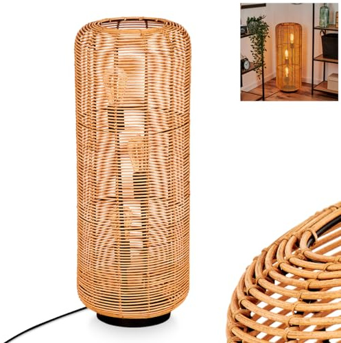 HOFSTEIN Stehleuchte Mulstrand, Stehlampe aus Metall/Rattan in Schwarz/Natur, Leuchte im Boho-Design, Schirm in Gitter-Optik, An-/Ausschalter am Kabel und Lichteffekt, 3xE27, Wohnzimmer, Schlafzimmer