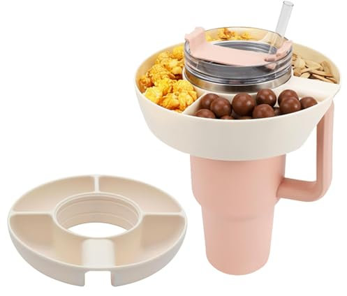 Silicone Snack Bowl Compatible with Stanley 40 Oz, White Stanley Cup Snack Tray, Fits Stanlely Cup 1.0/2.0, Reusable Storage Top Ring Candy Tray with 4 Compartments for Stanley Cups Accessories
