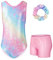 JiAmy Turnanzug Mädchen, Kinder Glitzer Gymnastikanzug Gymnastik Turnanzug Leotard mit Strasssteine Set für 3-12 Jahre
