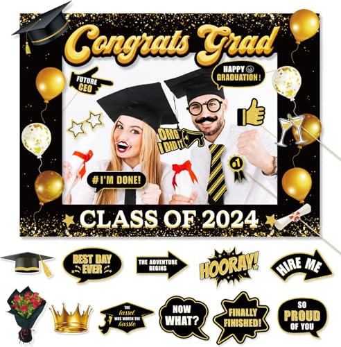 BETESSIN Graduation 2025 Deko Set - inkl. Congrats Grad Fotorahmen und 24 Graduation Foto Requisiten - Fotobox Accessoires Abschluss - Foto Booth Props für Abschlussfeier UVM.