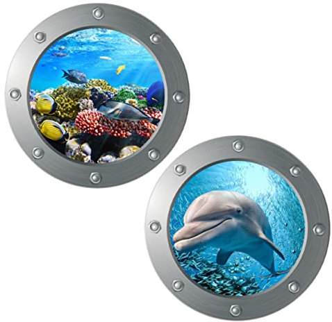 ETHZZLE 2pcs Wall Sticker Under The Sea Wall Decals Dolphin Decor Under The Sea Decor Ocean Wallpaper Ocean Room Porthole Sticker for Bedroom Wall 3D Stickers