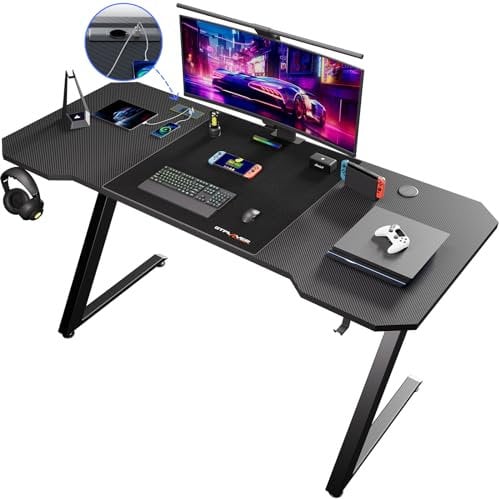 GTPLAYER Mesa de Juego 120 x 60cm,con Enchufe, Mesa de Ordenador Estable con Gancho para Auriculares, Negro