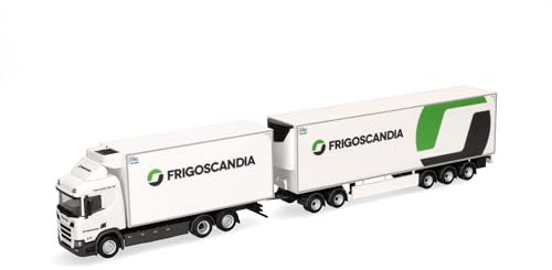 Herpa LKW Modell Scania CR20 ND Kühlkoffer-Schwedencombi Frigoscandia (Schweden/Helsingborg), Miniatur im Maßstab 1:87, Sammlerstück, Made in Germany, Kunststoff