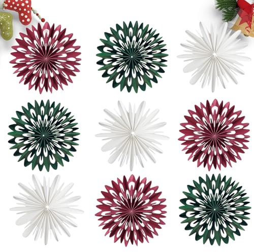 EASY JOY 9 Pcs Christmas Paper Decorations - Tree Hanging Decorations with Red, Green, White Paper Snowflake Fans for Winter Xmas Home Decor