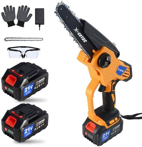 X-COTEC Mini Kettensäge 8 Zoll, Bürstenlose Kettensäge mit 2x4000mAh Akku, Kettensägen mit 800W Motoren und Sicherheitsschloss, Handkettensäge für Gartenscheren Astschere Holzschneidenz