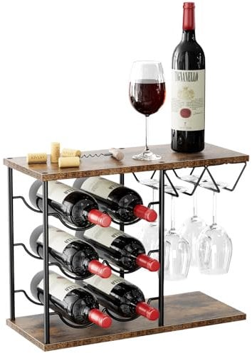 Nuovoware Comptoirs Vin Comptoir, Support Bouteilles de Vin pour 6 Bouteilles et 4 Verres, Organisateur Stockage Vin en Métal pour la Cuisine, Le Bar, la Table, l'armoire, la Cave Vin, Bois