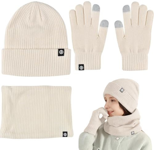 Qooloo Mütze Schal Handschuhe Damen Set, Damen 3-Teilig Strickschal, Wintermütze Mit Schal und Handschuhe Unisex Weiche Warme Strickmütze Winterset für Freizeit Outdoor Skifahren Draußen
