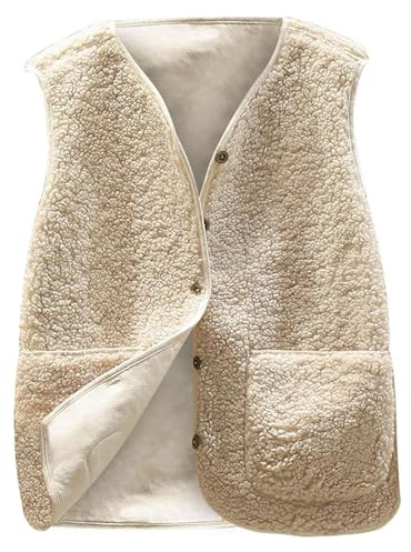 Vinuwu Gilet Polaire Sans Manches en Peluche - Col en V - Boutons - Court pour Femme - Couleur Unie