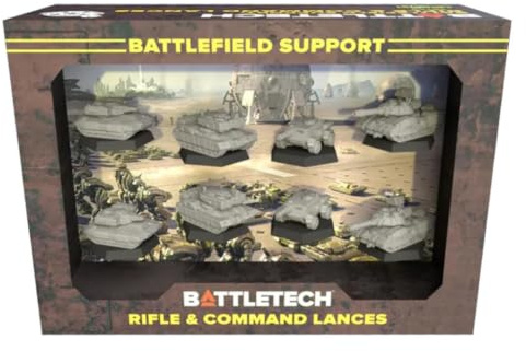 Catalyst Game Labs BattleTech Support Rifle & Command Lances miniatures | BattleTech ForcePack with 8 pre-assembled vehicle miniatures, 8 Battlefield Support Cards and 8 Alpha Strike Cards.