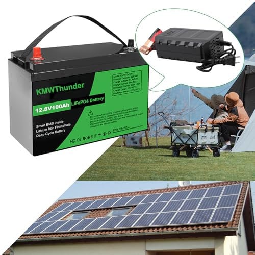 KMWThunder Batterie Lithium 12V 100AH, Batterie LiFePO4 Rechargeable avec, Protection BMS et Jusqu'à 15 000 Cycles Livré avec Chargeur Convient pour Camping-Car, Yacht, Stockage d'énergie Solaire