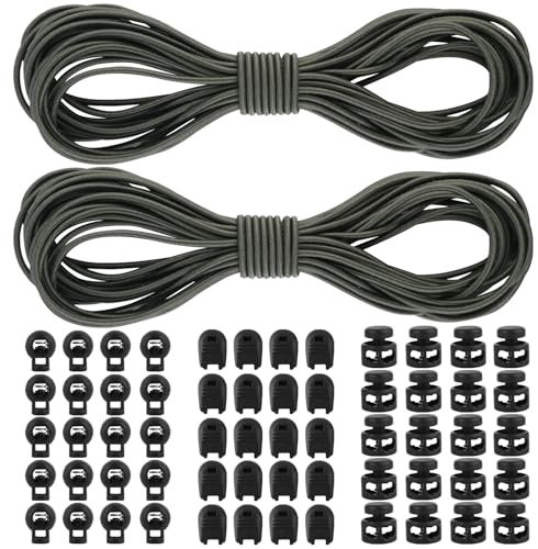 2 Pezzi da 10 m di Corda Elastica 3mm, Rotonda Corda Elastica In Gomma con Fermacorda a 2 Fori, Fermacorda a un Foro e Fermacorda, Cordino Elastico In Gomma per Zaini, Lacci per Scarpe (Verde Scuro)