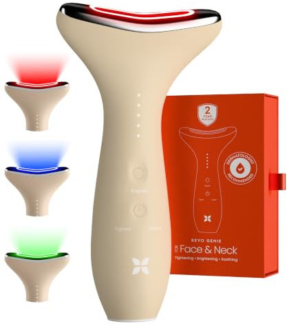 REVO Genie Facial Massager for Face and Neck, LED Beauty Device with Heat and Vibration, Depuffing Sculpting Tool with Red Blue Green Light Modes for Skincare Routine