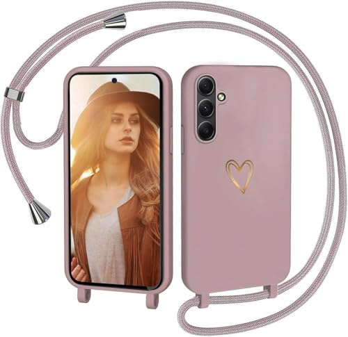 CaseLover Handyband für Samsung Galaxy A56 5G/A36 5G Hülle mit Band, Pink | Herz Muster, Silikon Necklace Handyhülle mit Abnehmbar Kordel zum Umhängen, Stossfest Bumper Handy Schutzhülle Case