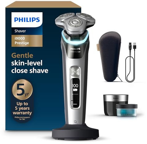 Philips Shaver i9000 Prestige, rasoio elettrico Wet & Dry, con tecnologia Skin IQ, triplo sistema di sollevamento e taglio, doppie lame rotanti in acciaio di precisione a 360°, modello XP9205/30