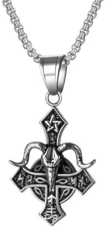 JewelryWe Satanische Ziegenkopf Halskette Herren: Silber Edelstahl Umgekehrt Kreuz Petruskreuz Ziege Kopf Anhänger Kette mit Pentagramm Leviathan Kreuz Gothic Punk Satan Wicca Amulett Schmuck Männer