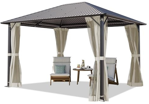 TOOLPORT Tonnelle de Jardin 3x3,65 m avec Toit en Acier - Hardtop Pavillon avec 4 Parois latérales et 4 Moustiquaires en crème