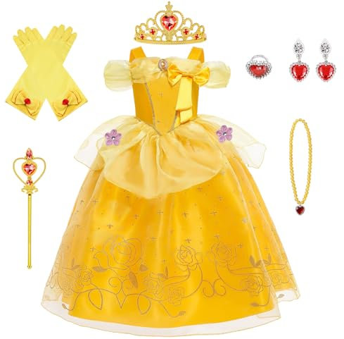 BSBUY Belle Kostüm Kinder Mädchen, 7Pcs Kleid Kinder mit Krone Schmuck Handschuhe Zauberstab Halskette und Ringe Princess Costume für Verkleidung Karneval Halloween Geburtstag Prinzessin Dress Up(100)