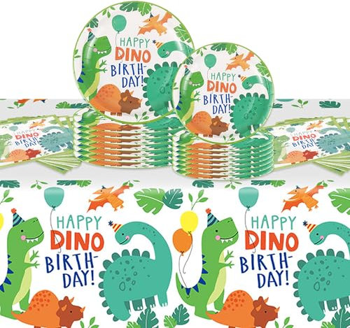 Dinosaur Kids Birthday Decorations Tableware - 62 Pieces Party Supplies for Boys Girls, Dino Green Table Cloth 9 Inch Paper Plates Napkins for Children Kit Serves 20