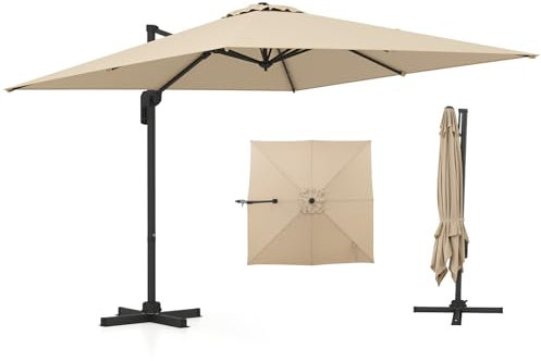 GOPLUS Parasol Déporté 3x3M, Grand Parasol de Jardin Exterieur Pivotant à 360° avec 5 Positions Inclinables, 8 Baleines, Manivelle, Base Croisée, Anti-UV, pour Piscine Marché (Beige)