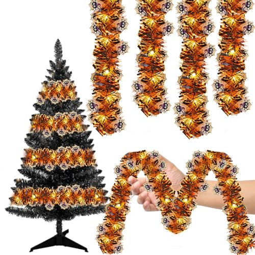 Halloween Deko Lametta Girlande Lichterkette, 5 m 50LED Halloween Girlande Outdoor Innen,Glänzende Lametta Deko Garten,Kürbis Geist Spinne Fledermaus Türgirlande für Karneval Herbst Party (Spinne)