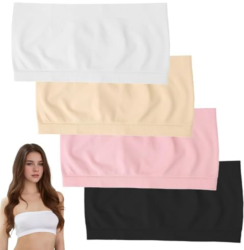 4 Pack Girls Strapless Bra Non Padded Girls Strapless Breathable Underwear Tube Tops Stretchy Wrapped Breast Bralette Classic Trackless Lingerie Seamless Bandeau Sports Bra for Teens Adolescent
