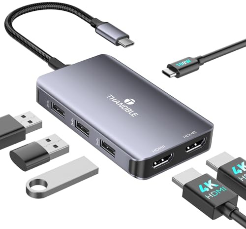 4K@60Hz USB C to Dual HDMI Adapter, 6 in 1 Docking Station Dual Monitor, 3*USB-A Data Ports, 100W PD, HDMI Splitter Extended Display Laptop USB C Hub for MacBook Neo/Air/Pro, HP, Dell and More | Type C to HDMI Splitter Extended Display for Dual Monitors, Dual Monitor Adapter for USB C Devices with DP Alt Mode