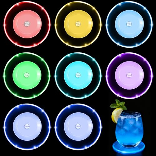 Lot de 8 dessous de verre LED multicolores avec 7 modes d'éclairage - Ronds - Imperméables - Pour verres, bouteilles, fêtes, mariages, bar, Noël, bouton ON/OFF