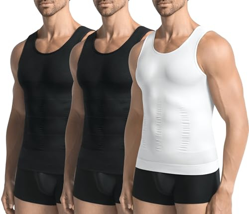 JESIDO 3 Pack Compression Shirt Men Slimming Body Shaper Tummy Control Vest Workout Tank Top Shapewear Black/Black/White