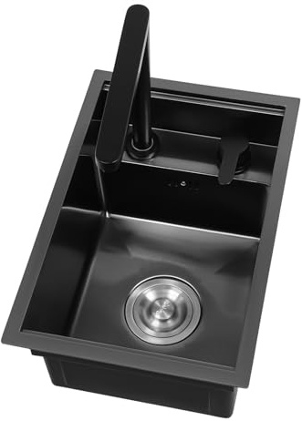 Fregaderos de cocina, fregadero invisible para bar de cocina, encimera integrada, fregadero de cocina negro 30 × 45 + paquete frío y caliente, grifo invisible para cocinas, bares, baños, lavaderos
