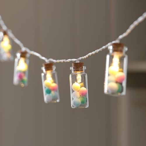 Lights4fun Lichterkette mit Glaslichtern & bunten Pompons & Korkdeckel | Warmweiße LEDs | 6h Timer | Batteriebetrieben | Deko Frühjahr für Tisch & Wohnbereich | Pastellfarben