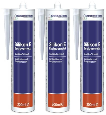 Ravensberger Chemie Silikon E essigvernetzt elastisch – Sanitärsilikon für Bad, Küche & Bau – Dichtstoff ideal für Fugen an Waschbecken, Dusche, Wanne, Fliesen & Glas – Kartusche - 3 x 300 ml
