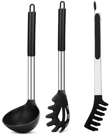 Pasta-Kochset | Hitzebeständiges Silikon + Edelstahlgriffe | Nudellöffel + Zange + Sieb | Unverzichtbares Kochset für die Küche,Silikon-Nudelgabel und -Kelle im Set