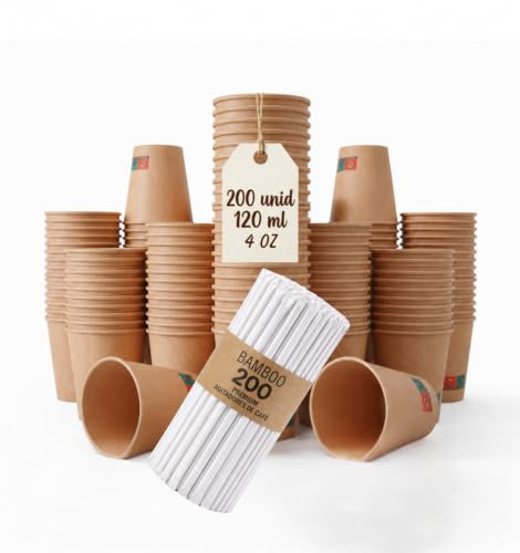 GASTROTOMI 200 Vasos Café Desechables Marrón 120 ml y 200 Palitos de Madera | Espresso, hogar, oficina y celebraciones, vasos desechables para llevar, 200 paletinas enfundadas, cartón reciclable