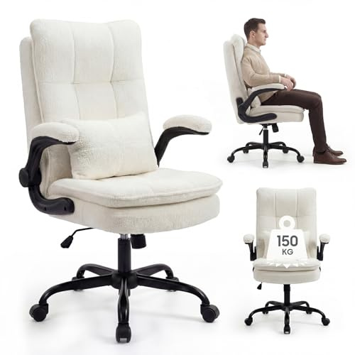 Asukale Bürostuhl Ergonomisch Schreibtischstuhl mit Hochklappbare Armlehne | Lordosenstütze, Bürostuhl 150kg, Hochklappbaren Armlehnen, Höhenverstellbarer, 90°-125° Wippfunktion, 360°, Teddy-Stoff
