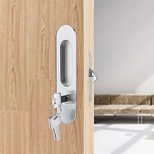 Fdit en alliage de zinc Porte coulissante serrures en bois invisible Verrou de porte avec 3 clés meubles Loquet de matériel d'intérieur pour salle de bain Armoire de cuisine balcon Argenté