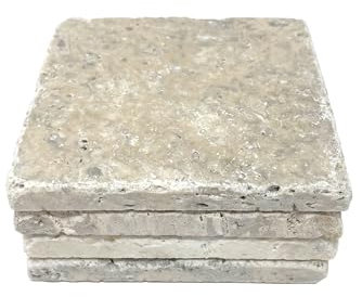 Untersetzer aus Travertin mit fossilen Untersetzern, Stein-Untersetzer, Tropfstein, 4 Stück, Beige, 10,2 x 10,2 cm