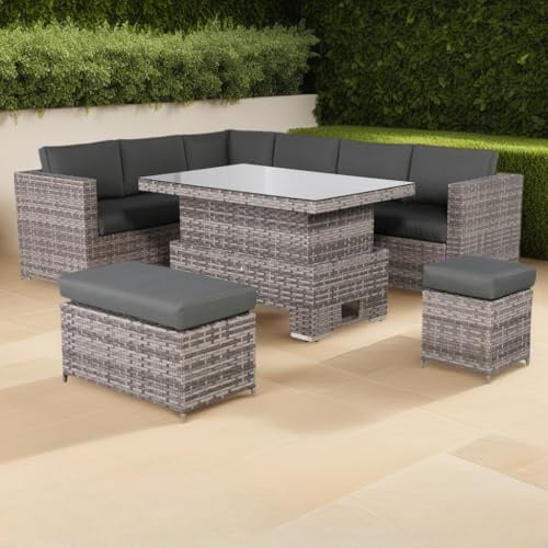 Club Rattan Rattan Corner Sofa Set Rattan Garden Furniture Set Patio Corner Sofa Set with Rising Table and Washable Cushions (Grey, 9 seats)