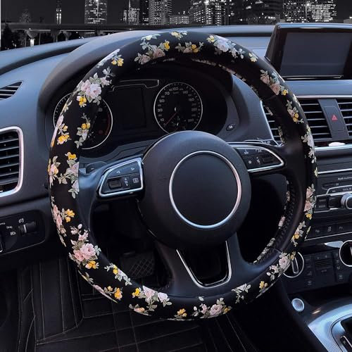 15 Zoll Leder Auto Auto Lenkradbezug Anti Slip Blumen für Frauen Mädchen Rosa