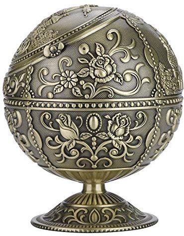 Wifehelper Winddichter Aschenbecher, Vintage Art Craft Portable Tischplatte Metall Aschenbecher mit Deckel Metall Runde Kugel Prägung Muster Geschenk Dekoration (Antik Messing)