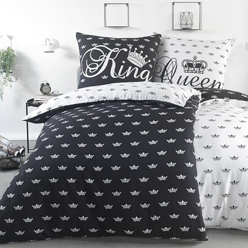 BaSaTex 4 teilig Microfaser Partner Bettwäsche Set Queen King 2X 155x220 2X 80x80 cm Weiss Schwarz
