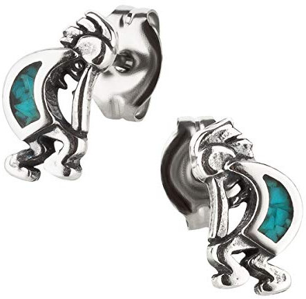 Ohrstecker Ohrringe Kokopelli Silber 925 Sterling Türkis Inlay als Ohrschmuck mit kleiner Schmuckbox - 7K - Indianer Schmuck Geschenke für Damen, Mädchen, Jungen, Kinder und Herren