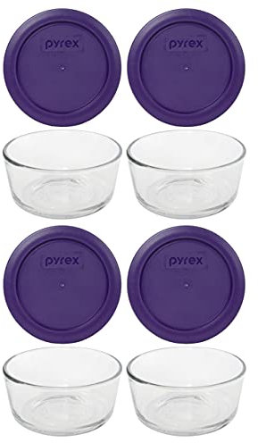 Pyrex (4) 7200 Glasschalen & (4) Pyrex 7200-PC Pflaumenlila Deckel