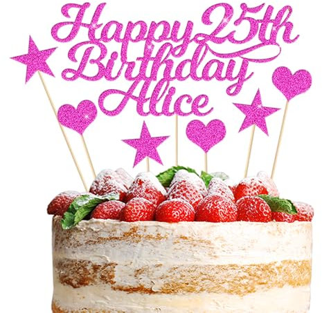 Happy Birthday Cake Topper Personalised 3 Star 3 Heart Customised Any Name Party Cake Decoration Gift Card 1st 18th 21st 30th 45th 60th 80th 100th for Girl Boy Mom Dad Grandparent (Pink)